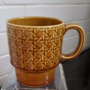 Vintage 1970s Coffee Cup Mug Yellow Gold Glazed Rattan Style Geometric MCM Japan